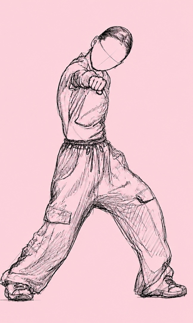 A sketched dancer in cargo pants throwing a punch toward the camera in the ChoreoLab practice studio