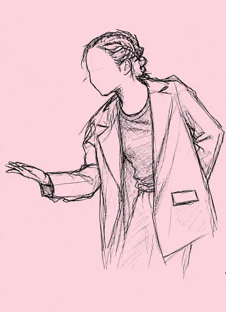 A sketched dancer in an oversized blazer extending an open palm